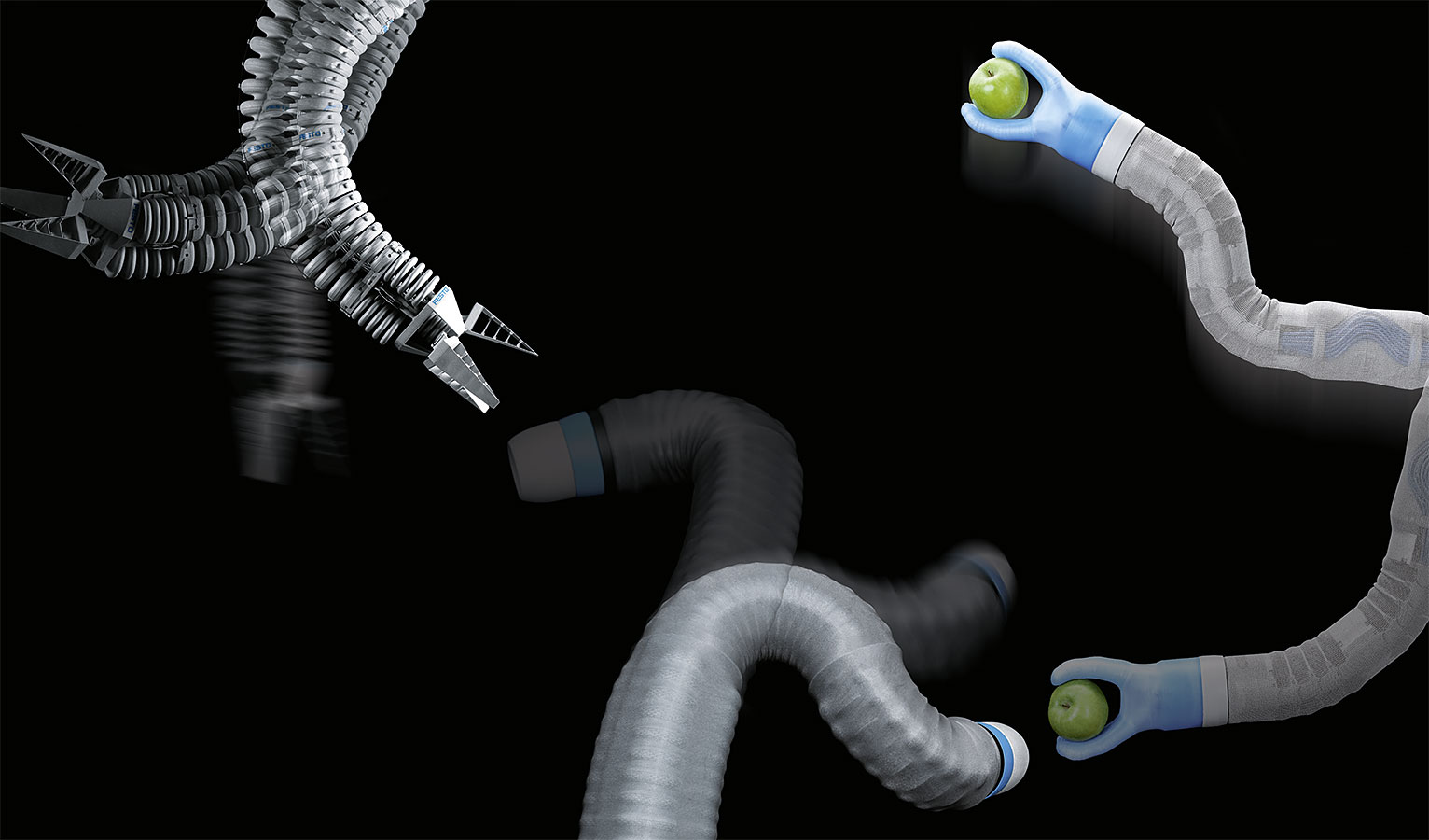 BionicSoftArm(右)及其两个前身,仿生搬运助理和BionicMotionRobot