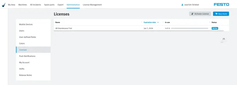 Smartenance activated licenses overview window