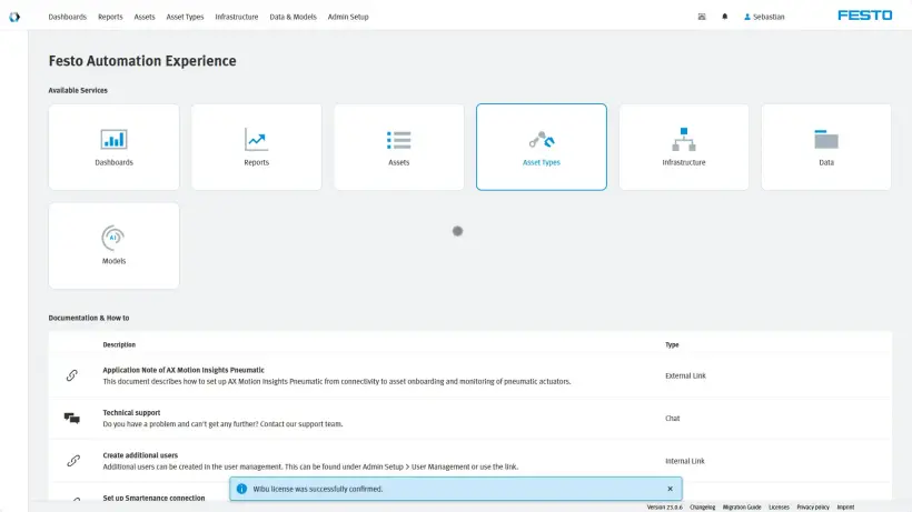 Festo Automation Experience screen showing license confirmation pop up