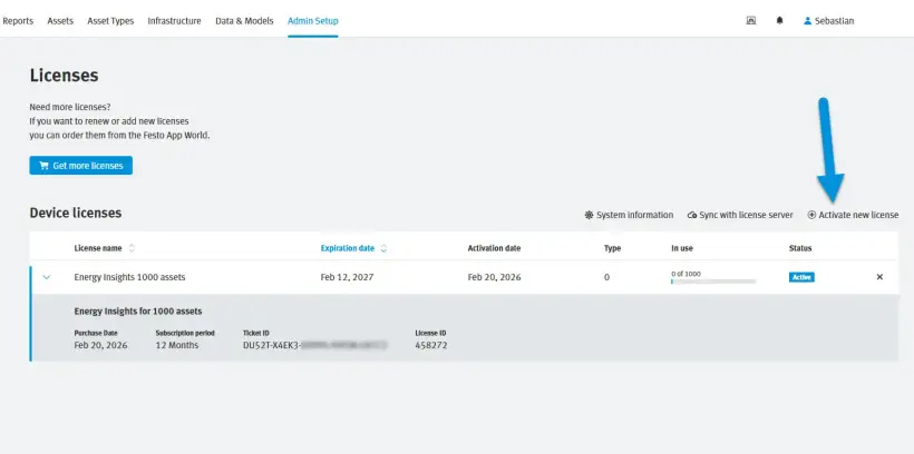 Festo Automation Experience screen showing the ‘License overview’ page, highlighting the ‘Activate new license’ column