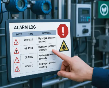 Display of an alarm log with warning messages about hydrogen pressure anomalies in a green hydrogen system – symbol for safety and monitoring functions in H₂ automation.