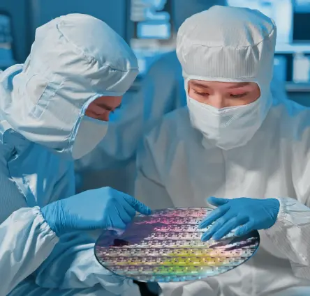 穿着洁净室工作服的技术人员在实验室检查半导体晶圆。 后台技术人员紧盯屏幕。