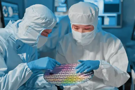 两名身着无尘室工作服的科学家在半导体工厂检查一块硅晶圆。