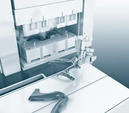 3D display of an automated production system with injection moulding machine and robot arm. EOAT and OEE: How end effectors increase production efficiency
