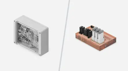 Comparison of a tubing-heavy fluidic device and a compact bonded manifold with integrated valve components.