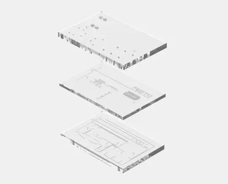键合板各层爆炸视图，展示键合前已加工出的通道结构。