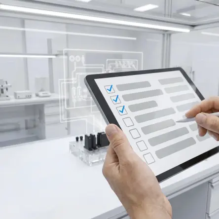Tablet checklist for reviewing bonded manifold design inputs in a laboratory setting.