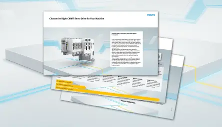 Overlapping brochure pages featuring the Festo CMMT servo drive, shown as a downloadable selection guide in a clean studio-style graphic. 