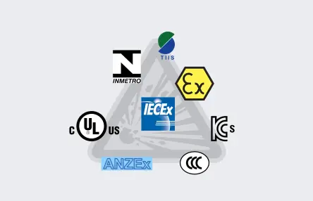 International certification systems in explosion prevention and protection: representation of the logos of IECEx, ATEX, UL, INMETRO, TIIS, ANZEx, KCs and CCC as an overview of global Ex standards.