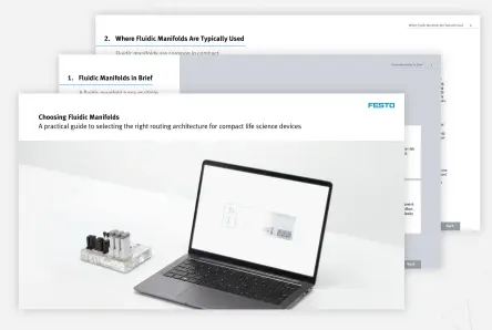 Preview of a Festo guide for choosing fluidic manifolds, with pages showing manifold selection content and design visuals.