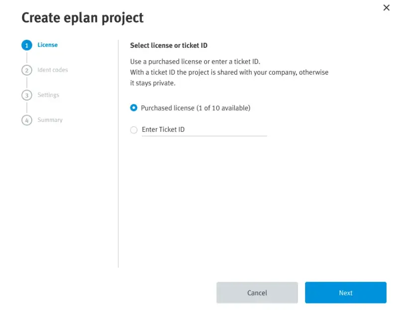 License activation screen prompting users to select the ‘Purchased license’ option if they already have a license