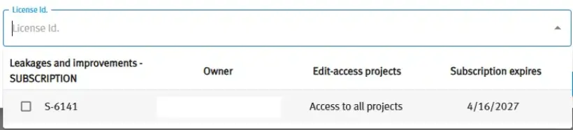 Screenshot of the licence selection dialog showing an available project licence with owner, edit access, and subscription expiry information.