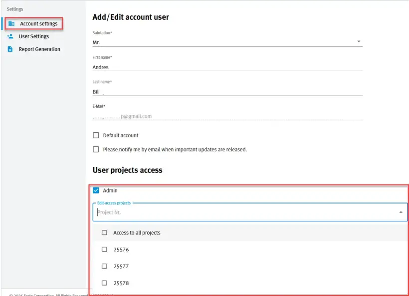 Screenshot of the Festo Energy Saving Services Portal Add/Edit account user page with Account settings selected and project access permissions displayed.