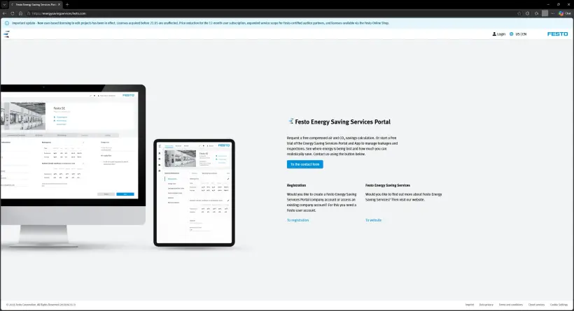 Festo Energy Saving Services Portal login page showing options to register, contact Festo, access the website, and sign in using the Login button.