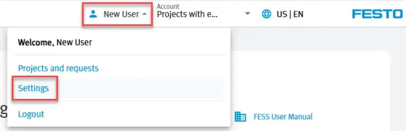 Screenshot of the Festo Energy Saving Services Portal user menu with the New User menu and Settings option highlighted.