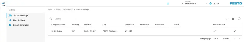 Screenshot of the Festo Energy Saving Services Portal Account settings page showing company account information, contact details, and user management options.