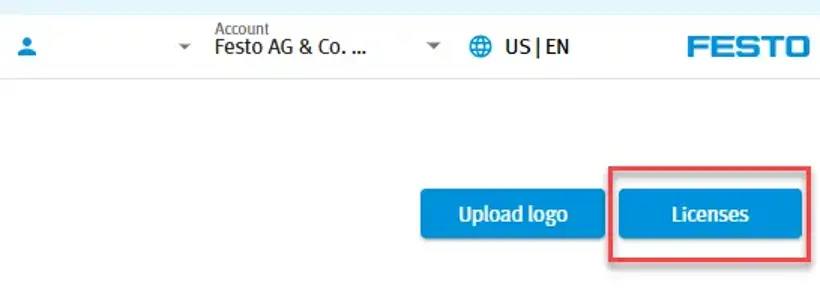 Screenshot of the Festo Energy Saving Services Portal showing the Licenses button highlighted on the Account settings page.