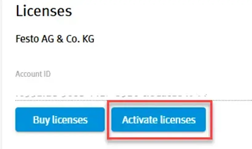 Screenshot of the Festo Energy Saving Services Portal Licenses page with the Activate licenses button highlighted.