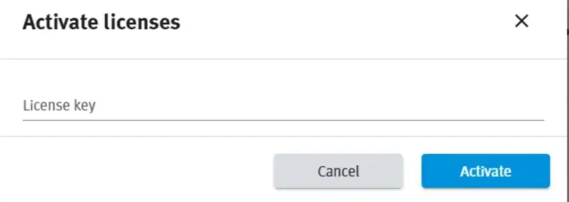 Screenshot of the Activate licenses dialog with a field to enter a licence key and an Activate button.