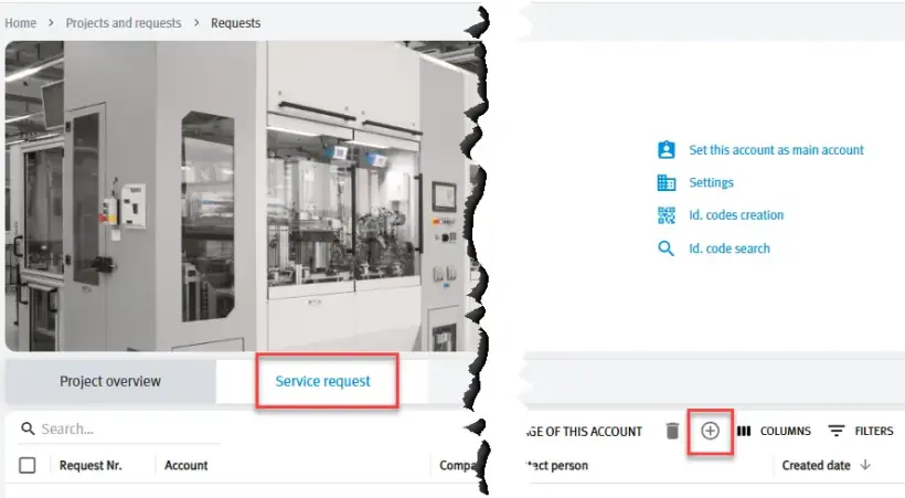 Festo Energy Saving Services Portal Requests page with the Service request tab and Add (+) button highlighted.