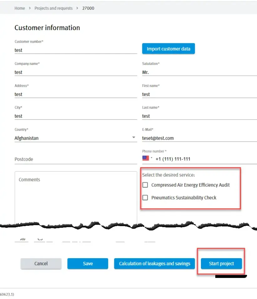 Screenshot of the Festo Energy Saving Services Portal service request form with service selection options and the Start project button highlighted.