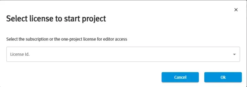 Screenshot of the Select license to start project dialog with a dropdown menu for choosing a licence and an OK button.