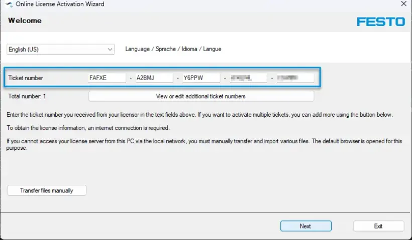 License activation wizard screen showing the license key input field