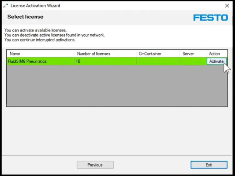 License activation wizard highlighting the ‘Activate’ button next to the FluidSIM license