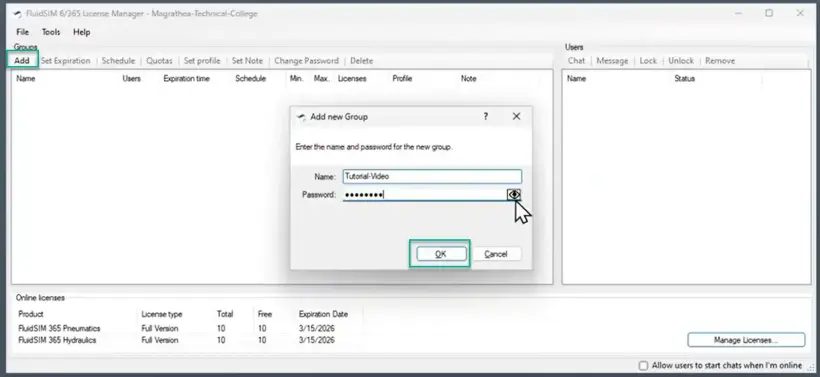 FluidSIM License Manager highlighting the ‘Add’ button and fields for group name and password