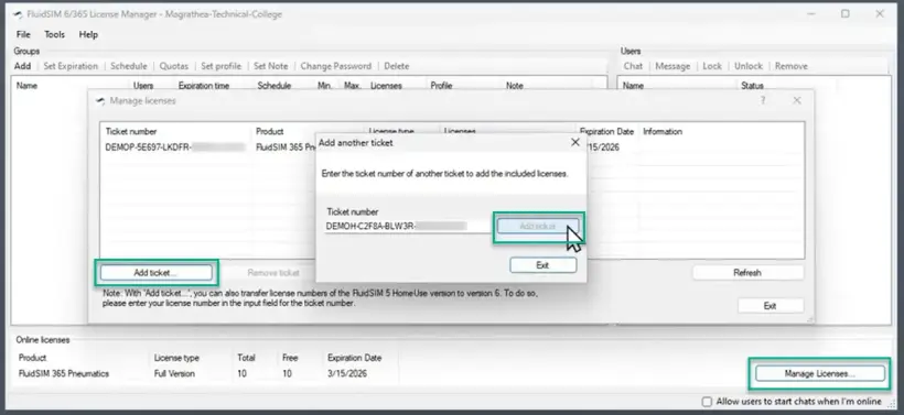 FluidSIM License Manager highlighting the ‘Manage licenses’, ‘Add ticket’, and license ticket input options