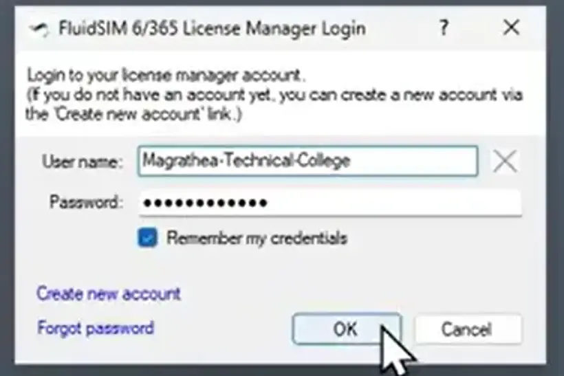FluidSIM License Manager login pop-up with username and password fields