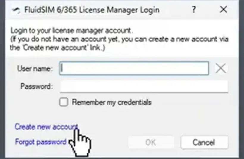 FluidSIM License Manager login pop-up with username and password fields pointing to 'Create new account' link