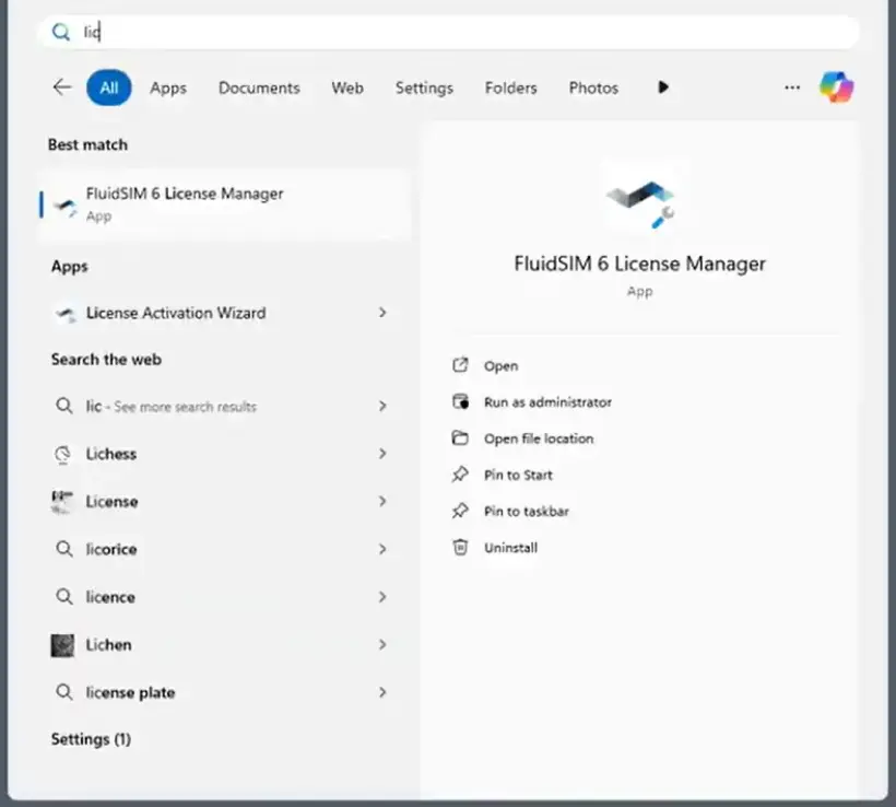 Windows search window showing results for the FluidSim License Manager