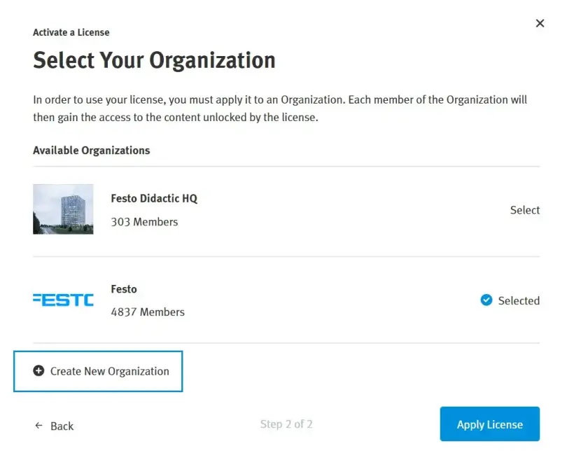 Pop-up window for selecting an organization, highlighting the ‘New Organization’ link