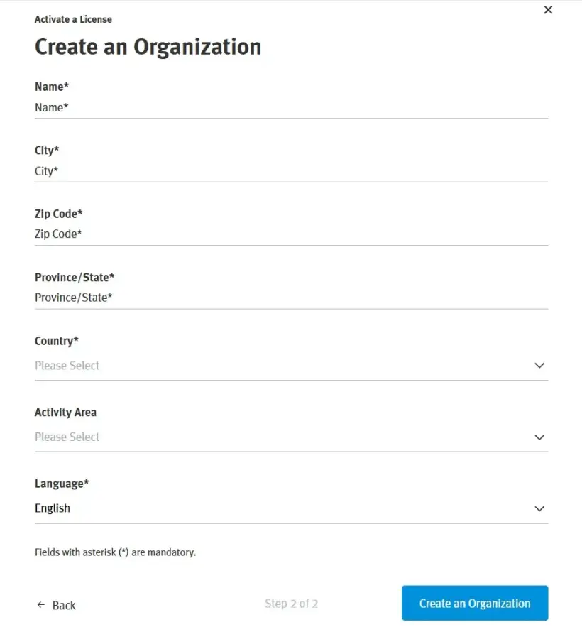 Window requesting users to enter organization information