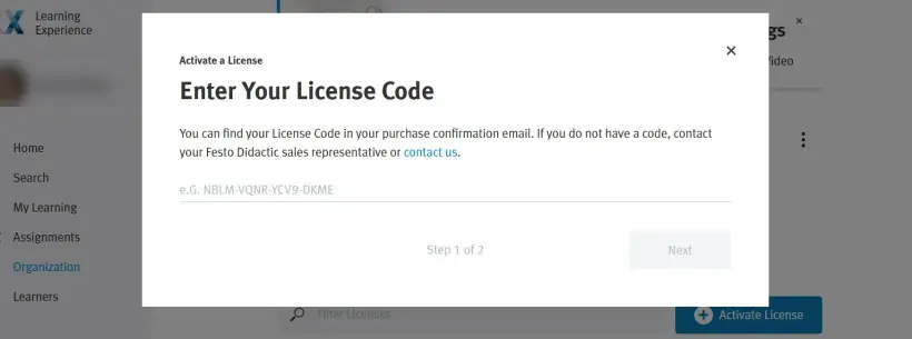 Pop-up window prompting users to enter the license code in the input field