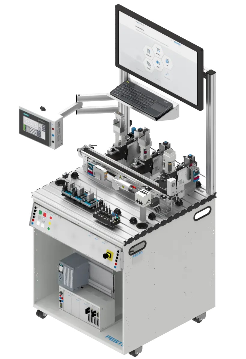 Compact mobile automation workstation with T‑slot tabletop, pneumatic and electromechanical actuators, sensors, grippers, touchscreen operator panel, overhead monitor and keyboard, and a cabinet for controllers; designed for modular training or demonstration.