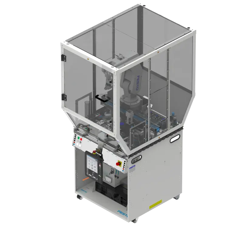 Enclosed mobile robotic workstation with transparent safety hood, multi-axis robot arm and conveyor tooling; front touchscreen and emergency stop; lower compartment with controllers; for training and demonstration.