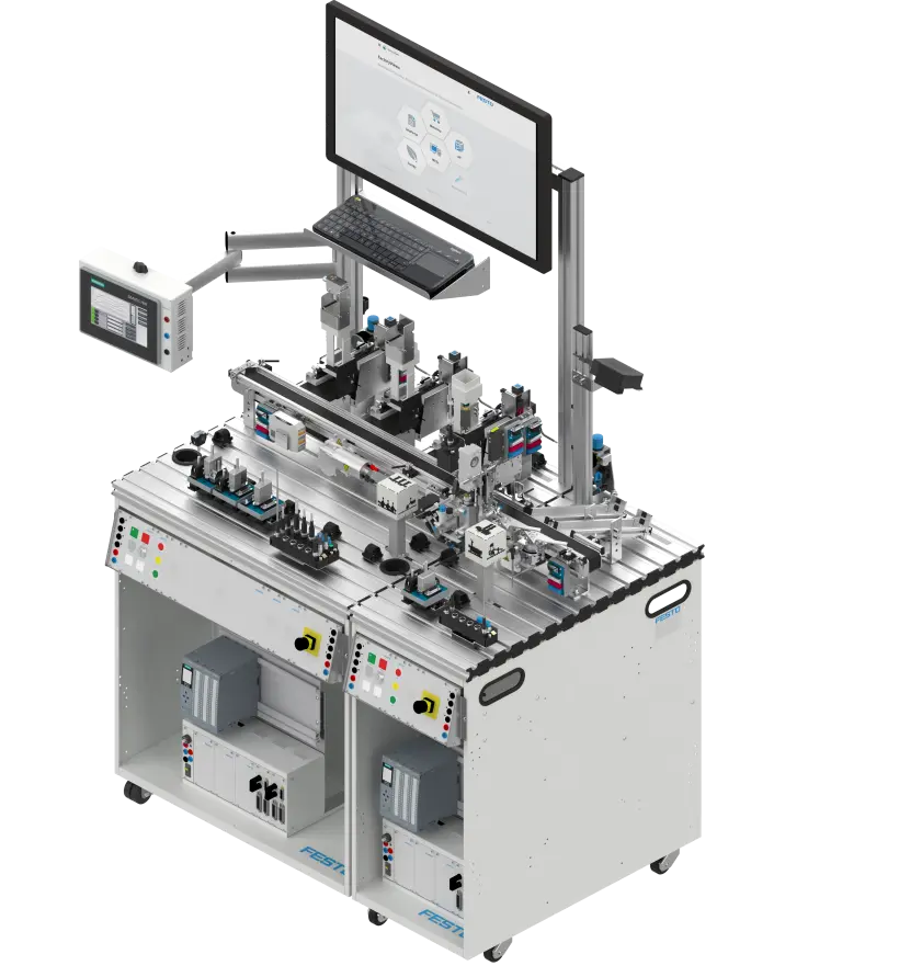 Mobile training workstation MPS 402-1 with T‑slot tabletop, pneumatic and electromechanical modules, grippers and sensors, touchscreen and overhead monitor, front controls with emergency stop, and lower cabinets with controllers.