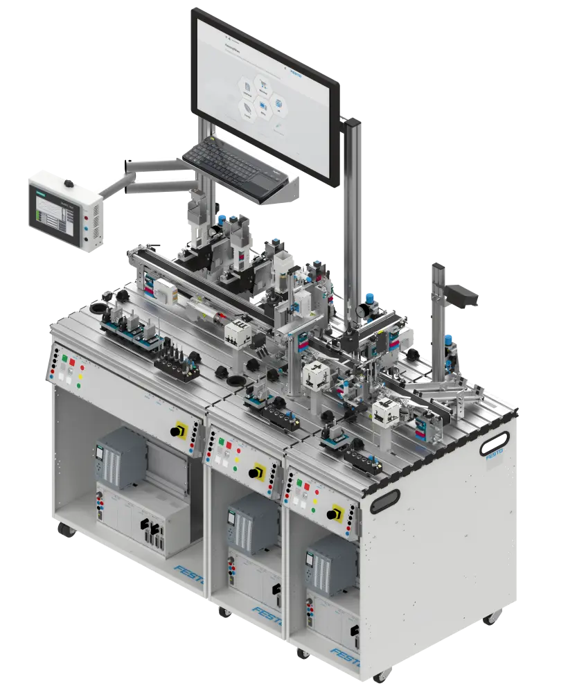 Mobile modular training workstation MPS 403-1 with T‑slot tabletop, pneumatic and electromechanical modules, sensors and grippers, touchscreen and overhead monitor, front controls with emergency stop, and lower cabinets with controllers.