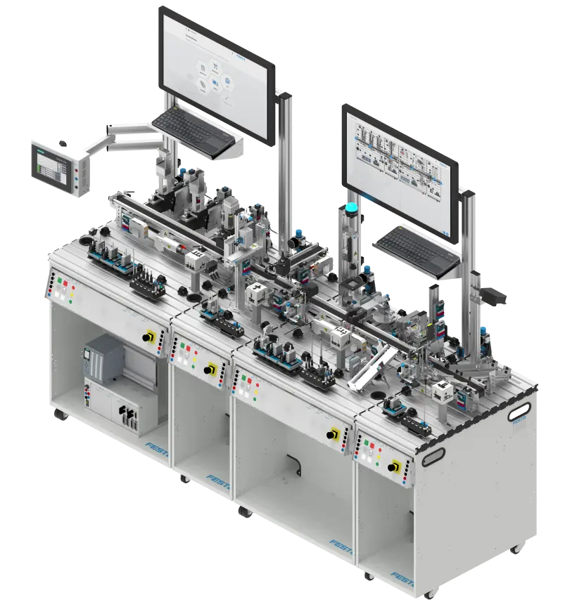 Three-link modular mobile training workstation MPS 404-1 with T‑slot tables, pneumatic and electromechanical modules, sensors and grippers, dual overhead monitors, touchscreen, front controls with emergency stops, and lower cabinets with controllers.