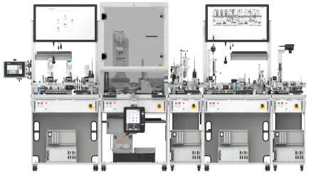 Modular automated MPS 405-1 training workstation with multiple interconnected stations, sensors, actuators, control panels, and two large displays.