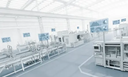 Connected factory with energy monitoring: dashboards display power consumption and support efficiency optimisations.