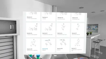 以“新办公”风格设计的房间，融入 Virtual Labs 的虚拟元素： 背景中，虚拟输送带正在运送物品；旁边是虚拟 learnline 教学家具；一个虚拟窗口上展示着不同的气动练习回路。