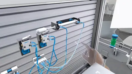虚拟 learnline 家具上展示了一套完整的气动系统，包含阀门、气缸和管路，相互连接并处于运行状态。 虚拟管路中清晰显示气流，使用者的虚拟手正跟随管路内的流动方向。