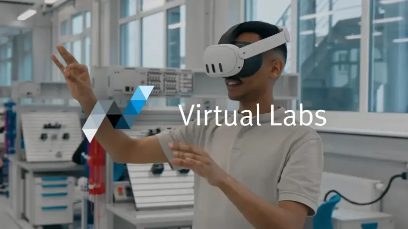 Person with virtual reality headset interacts in a laboratory setting with a virtual environment, next to the Virtual Labs logo.