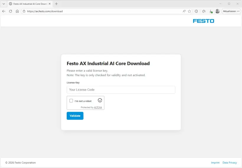 Festo AX Industrial AI Core download window showing a field to enter a license key.
