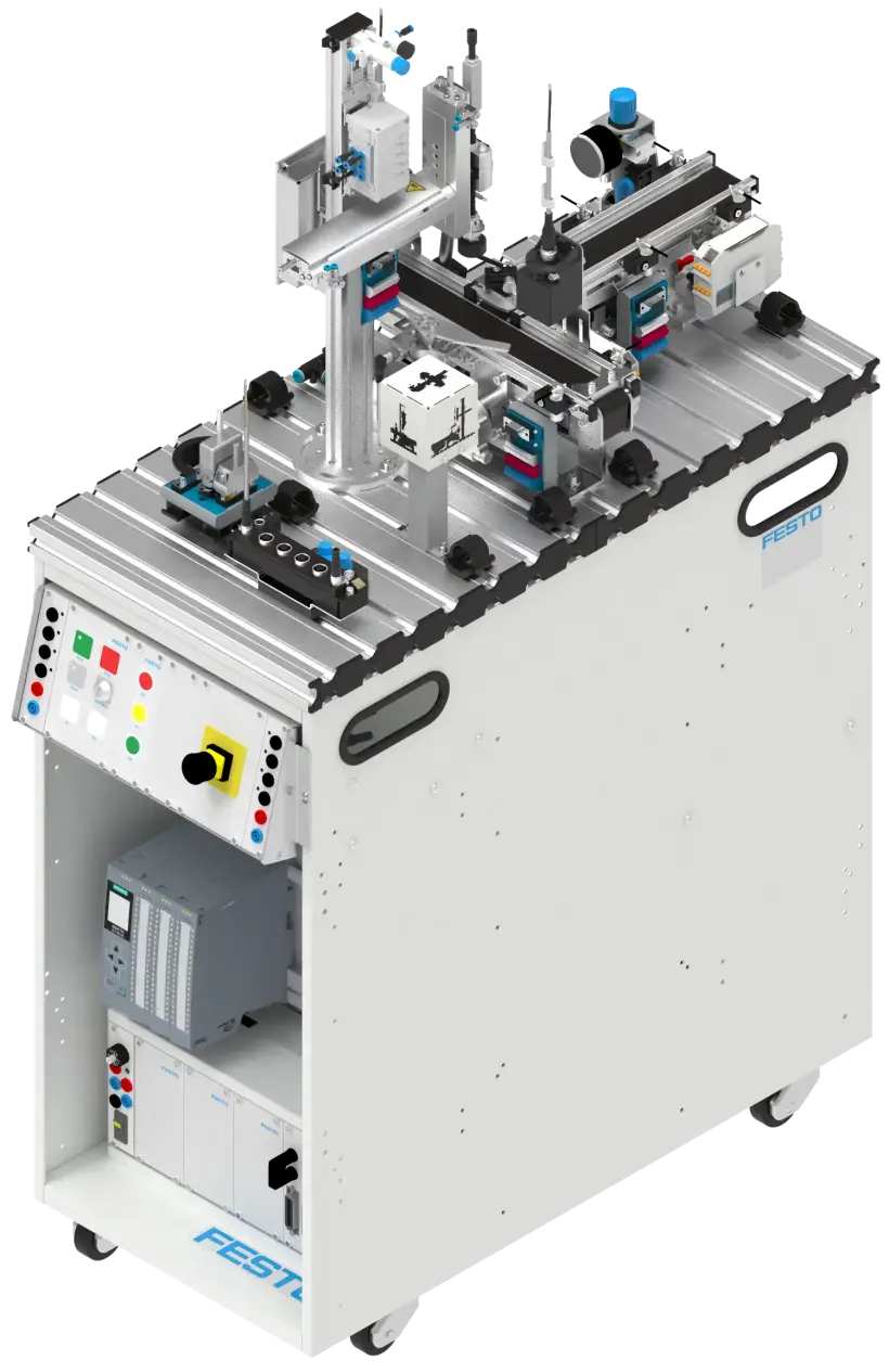 Mobile compact automation workstation with T‑slot tabletop, pneumatic and electromechanical modules, sensors, grippers, front controls including emergency stop, and lower cabinet with controllers; for training and demonstration.