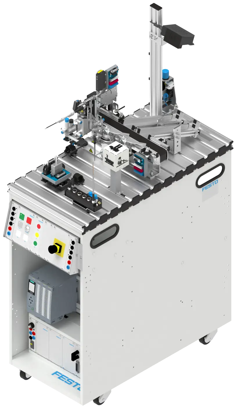 Mobile automation workstation with T‑slot tabletop, pneumatic and electromechanical modules, grippers and sensors, front controls with emergency stop, and lower cabinet with controllers; for training and demonstration.
