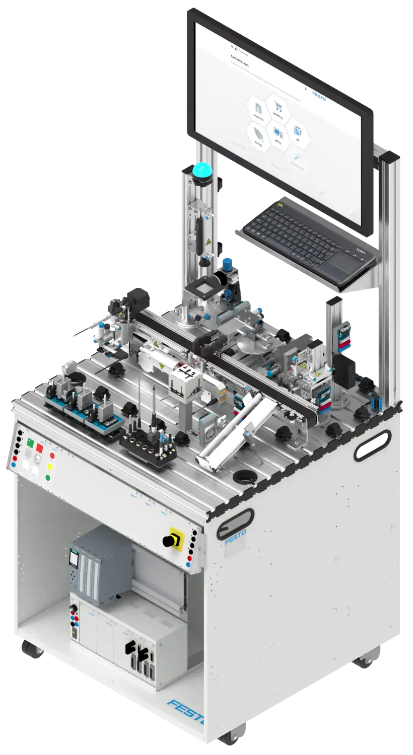 Mobile automation workstation with T‑slot tabletop, pneumatic and electromechanical modules, grippers, sensors, overhead monitor and keyboard, front controls with emergency stop, and lower cabinet with controllers; for training and demonstration.